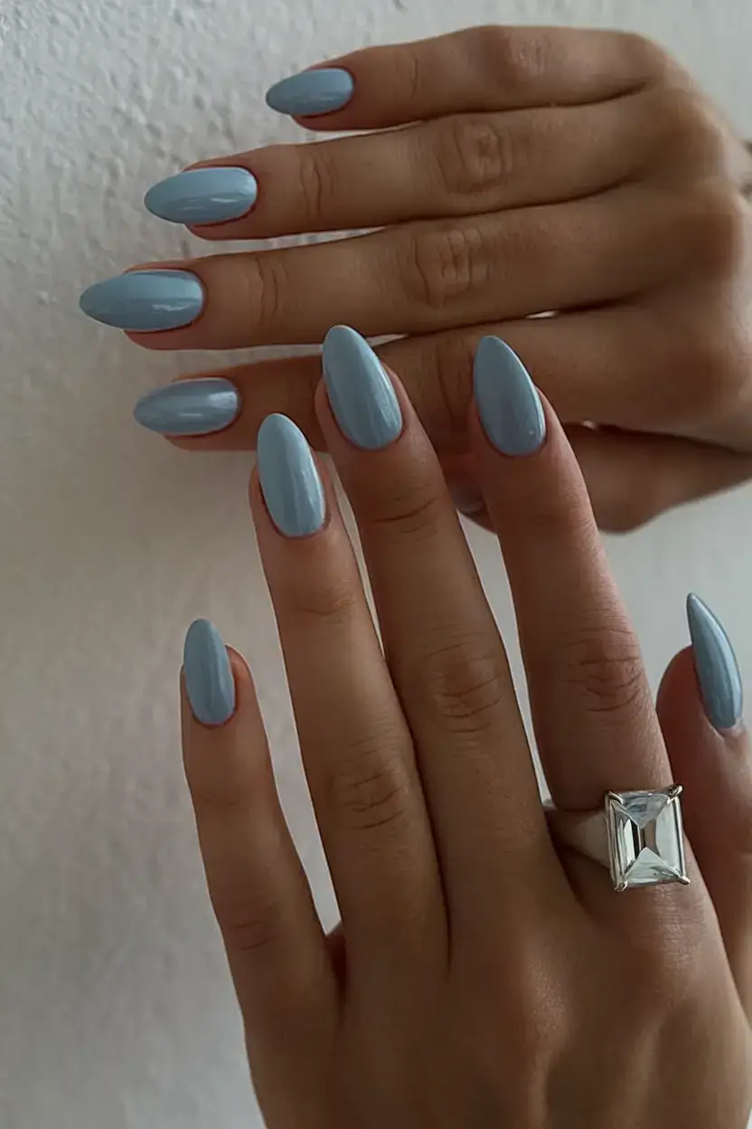 summer nail colors ideas 2025 Cool Sky Blue with a Sculptural Shape