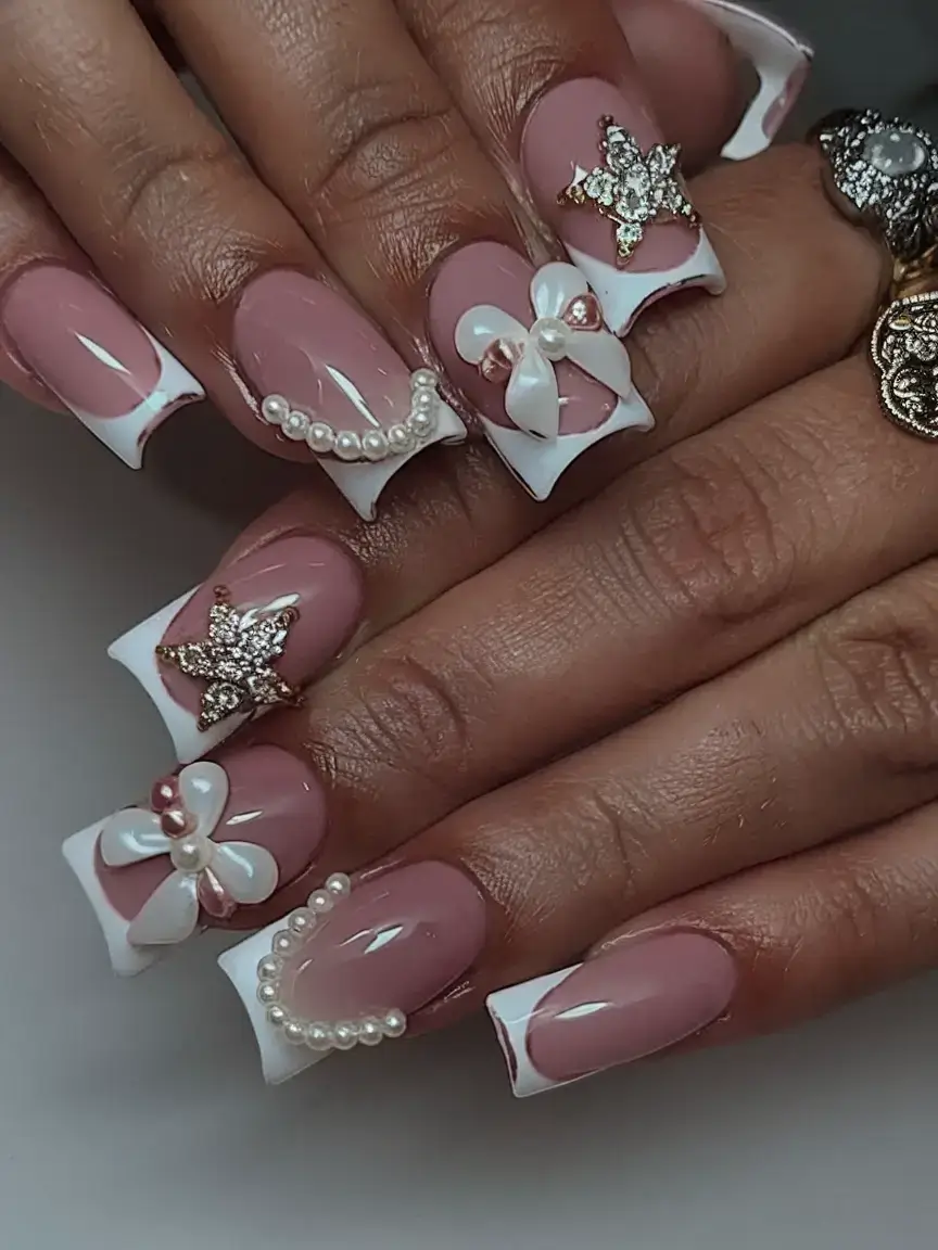 summer nail inspo 2025 Bow-Tied Glamour with Pearls and Stars