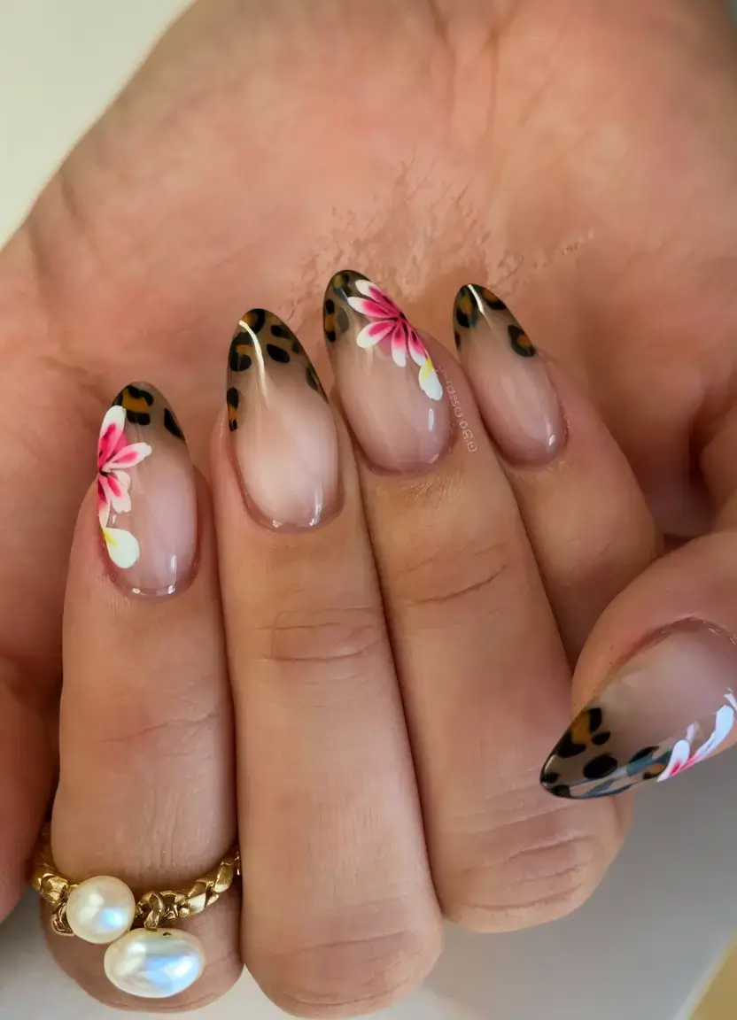 summer nail inspo 2025 Leopard Tips and Island Florals