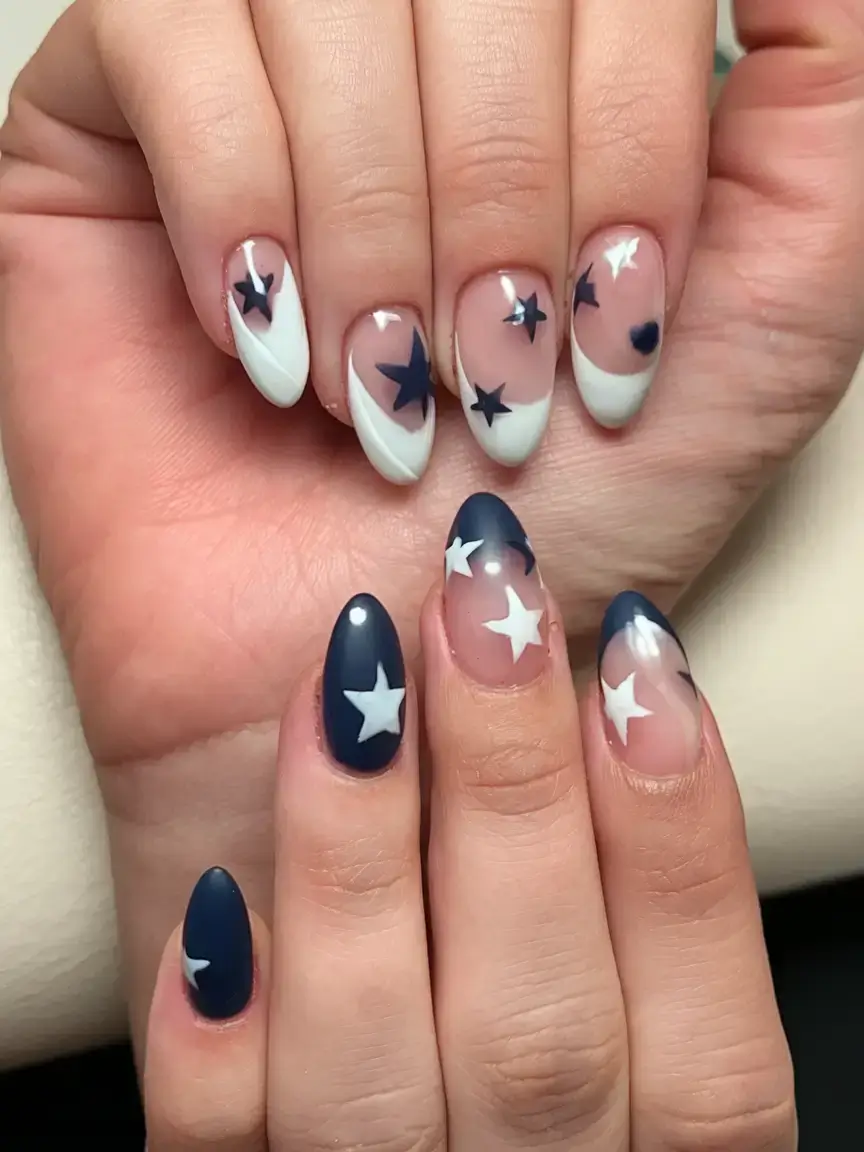 summer nail inspo 2025 Navy Stars and Crescent Tips