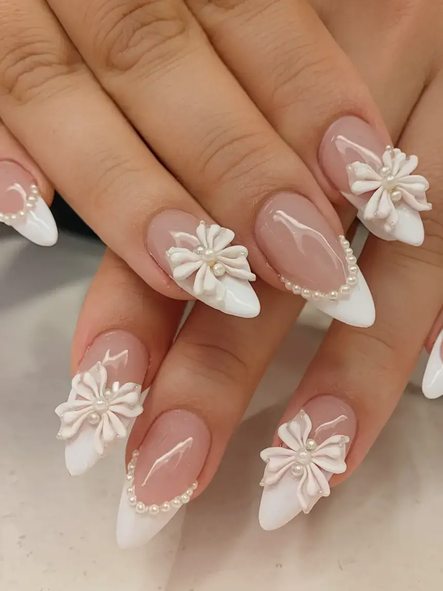 summer nail inspo 2025 White Bow Blossoms with Mini Pearl Strings