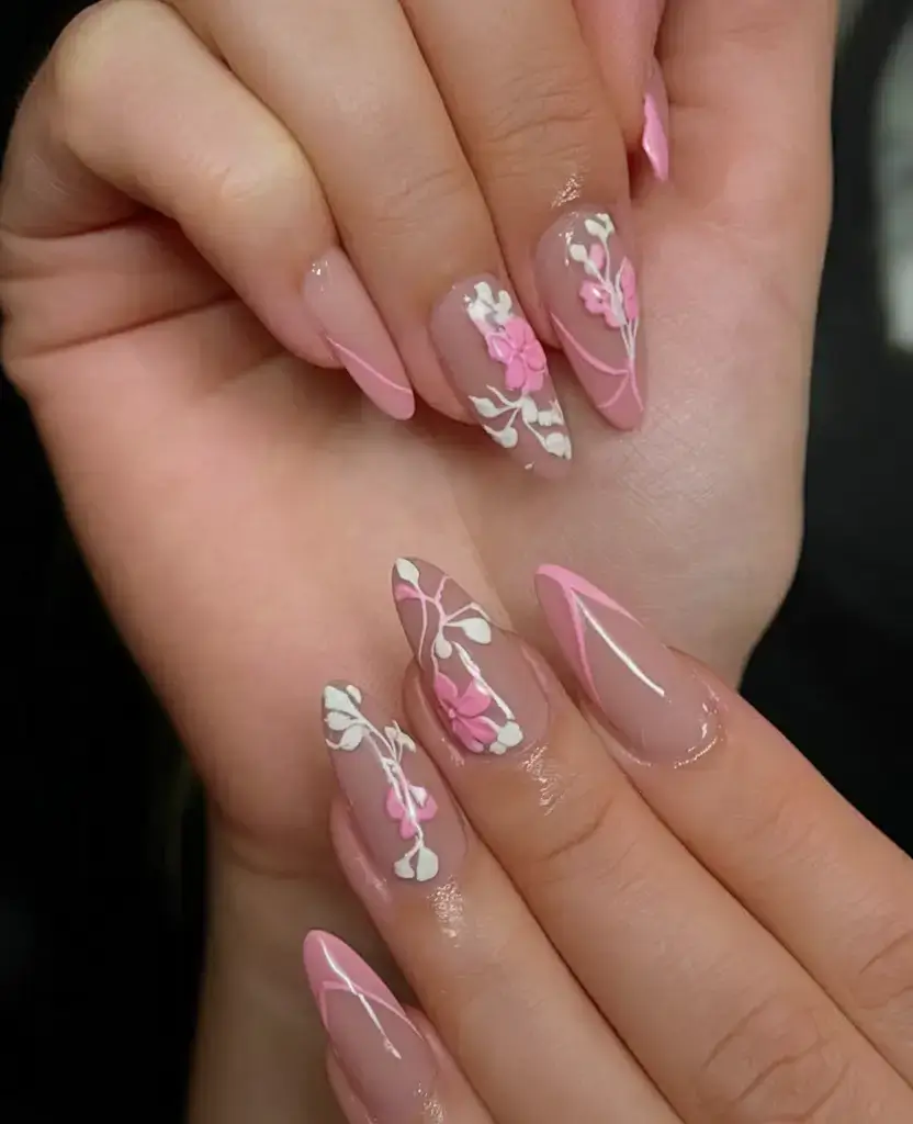 summer nail inspo 2025 Cherry Blossom Branches in Baby Pink