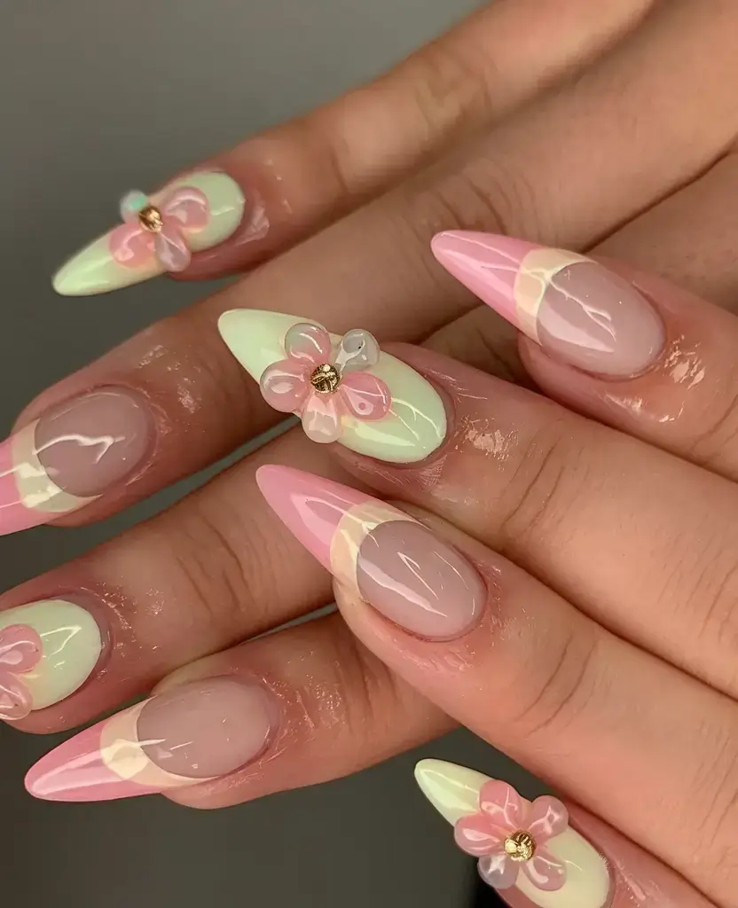 summer nail inspo 2025 Pastel Sherbet Tips with Jelly Florals