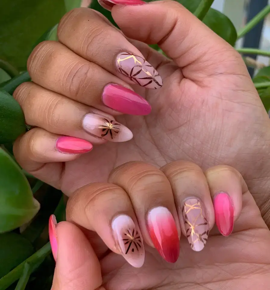 summer nail inspo 2025 Watermelon Pink Meets Gold Geometry