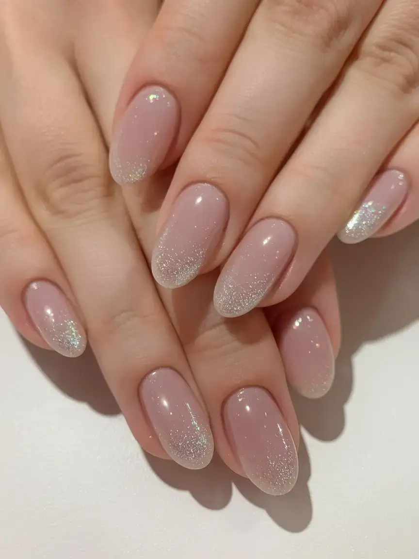 summer nail inspo 2025 Glazed Nude Sparkle Fade