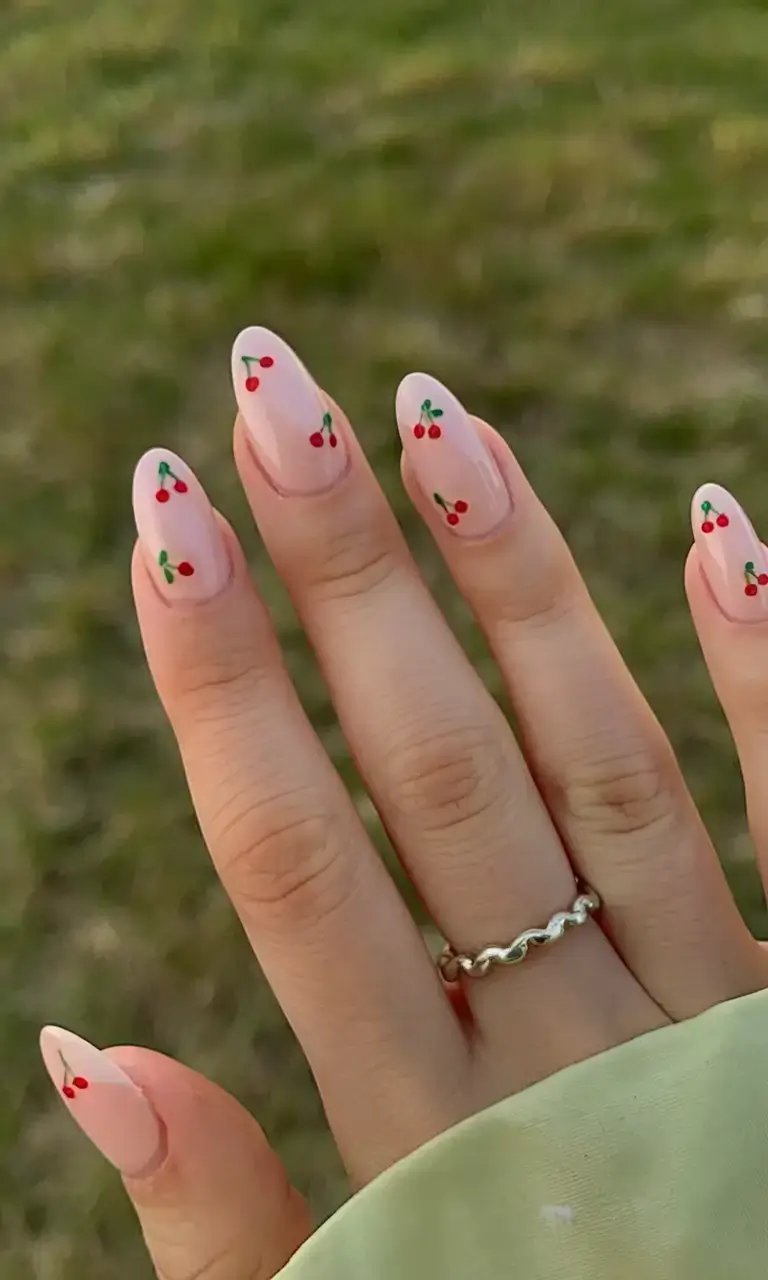 summer nail inspo 2025 Cherry Mini Charms on Sheer Pink