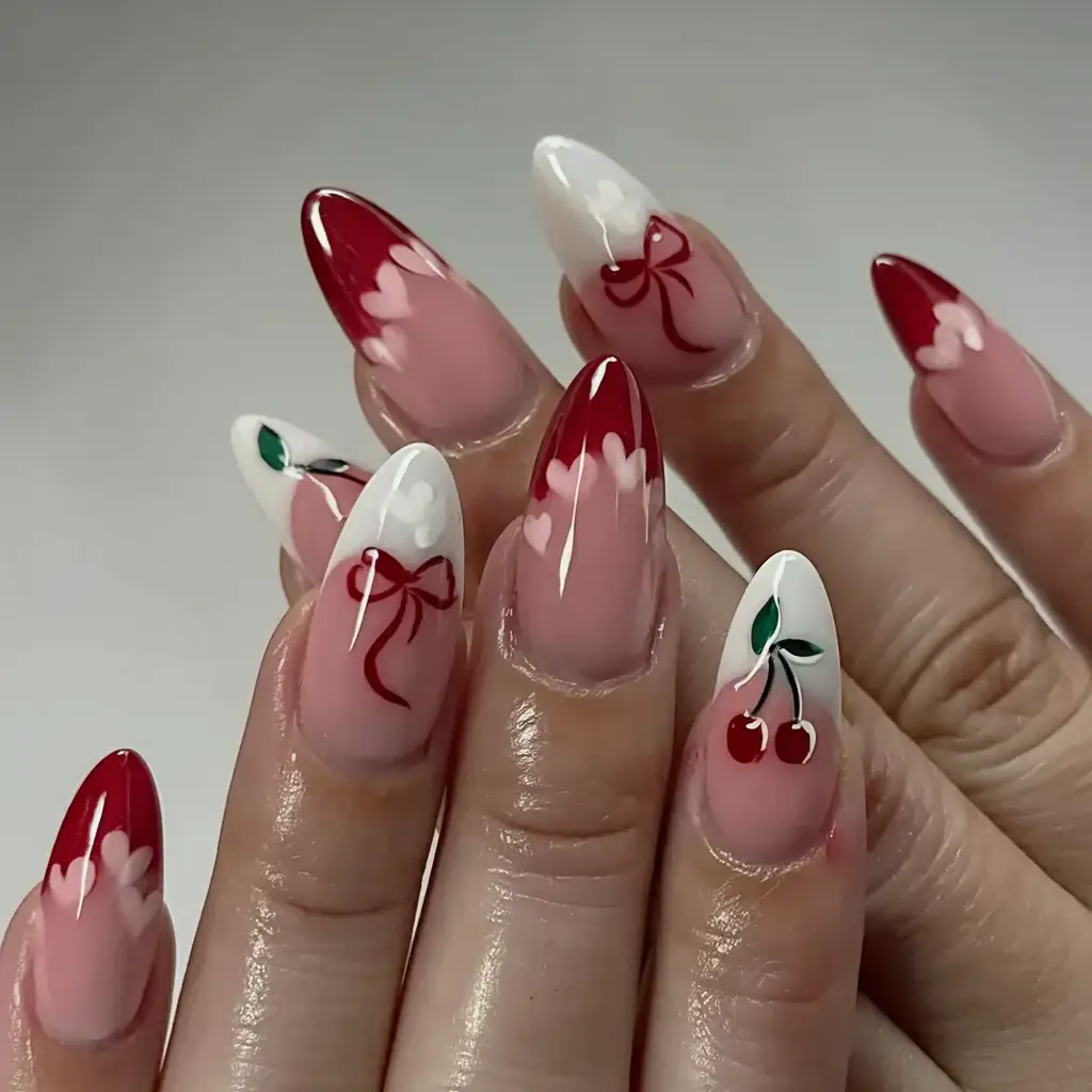 summer nail inspo 2025 Cherry Ribbons and Sweetheart Tips
