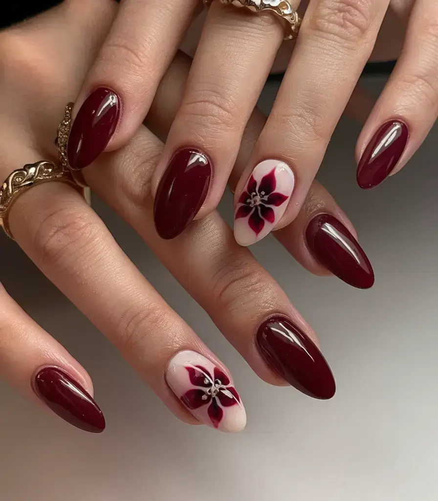 summer nail inspo 2025 Glossy Burgundy and a Blooming Accent
