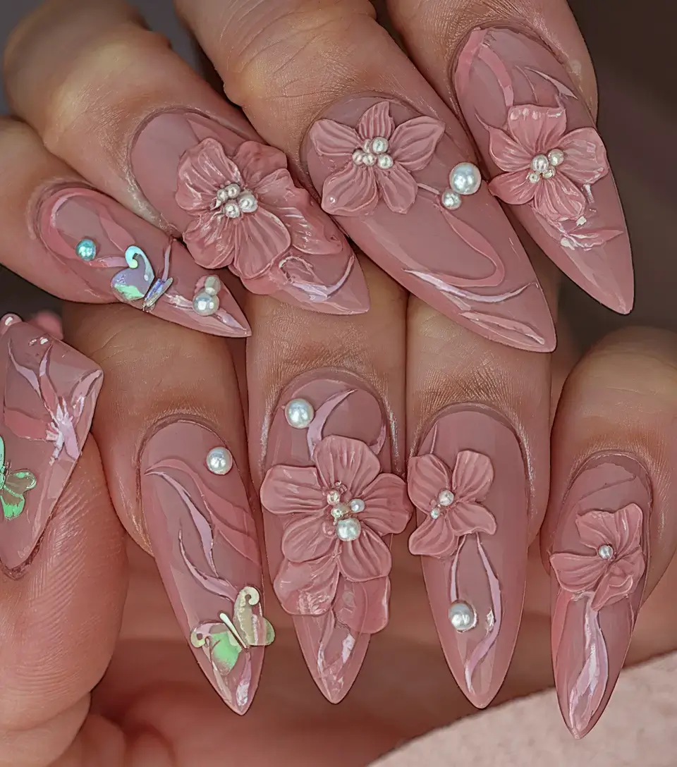 summer nail inspo 2025 3D Florals with Pearlescent Drama