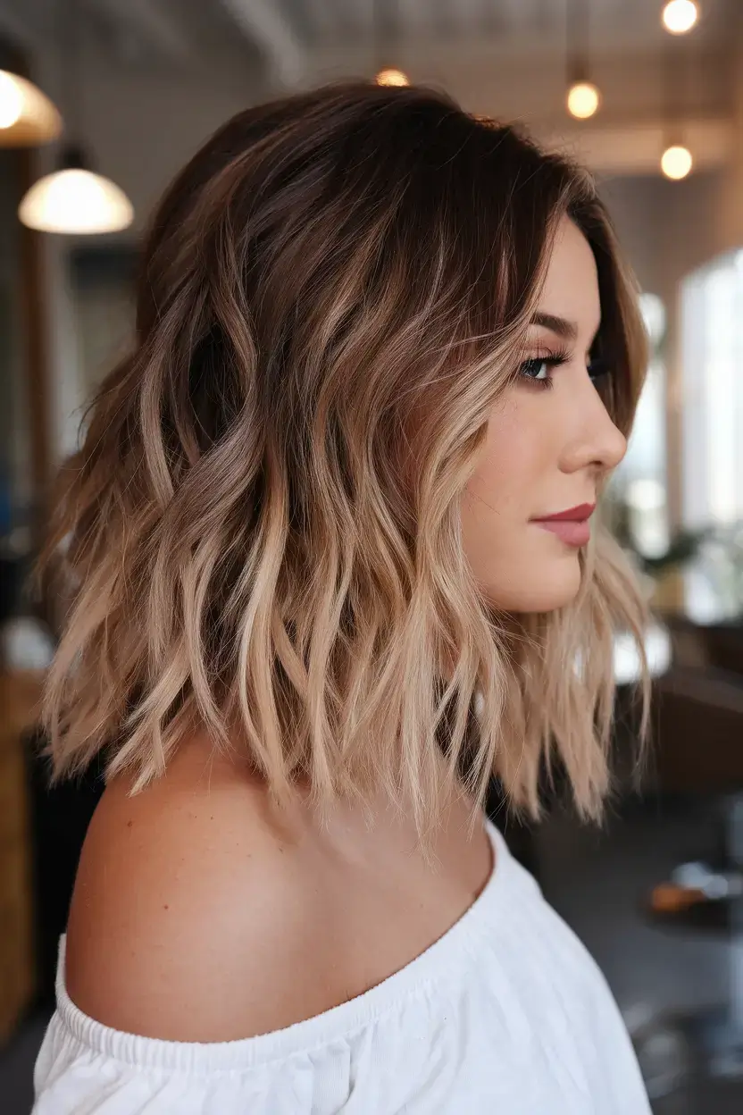 summer ombre hair color ideas 2025 Wavy Almond Ombre Bob with Bright Vanilla Ends