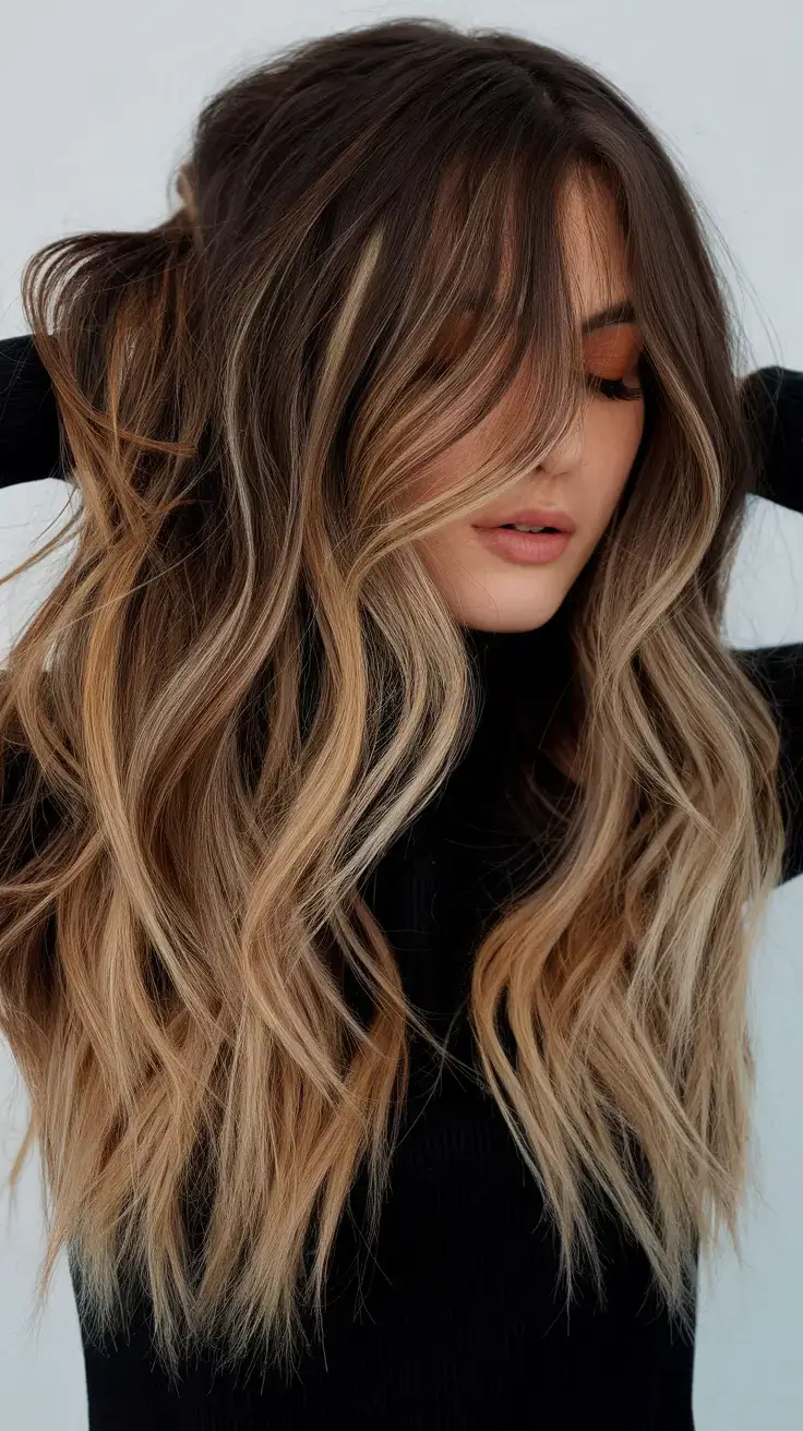 summer ombre hair color ideas 2025 Golden Sand Ombre with Lightened Curtain Fringe