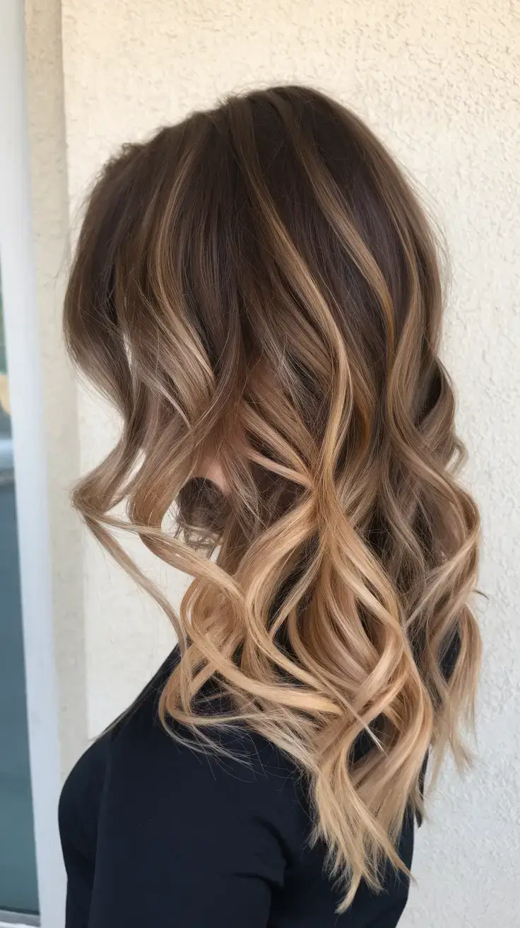summer ombre hair color ideas 2025 Deep Cocoa to Golden Bronze Curl Cascade