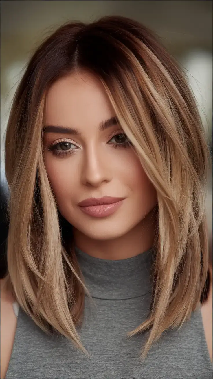 summer ombre hair color ideas 2025 Rooty Walnut-to-Honey Balayage with Face-Glow Highlights