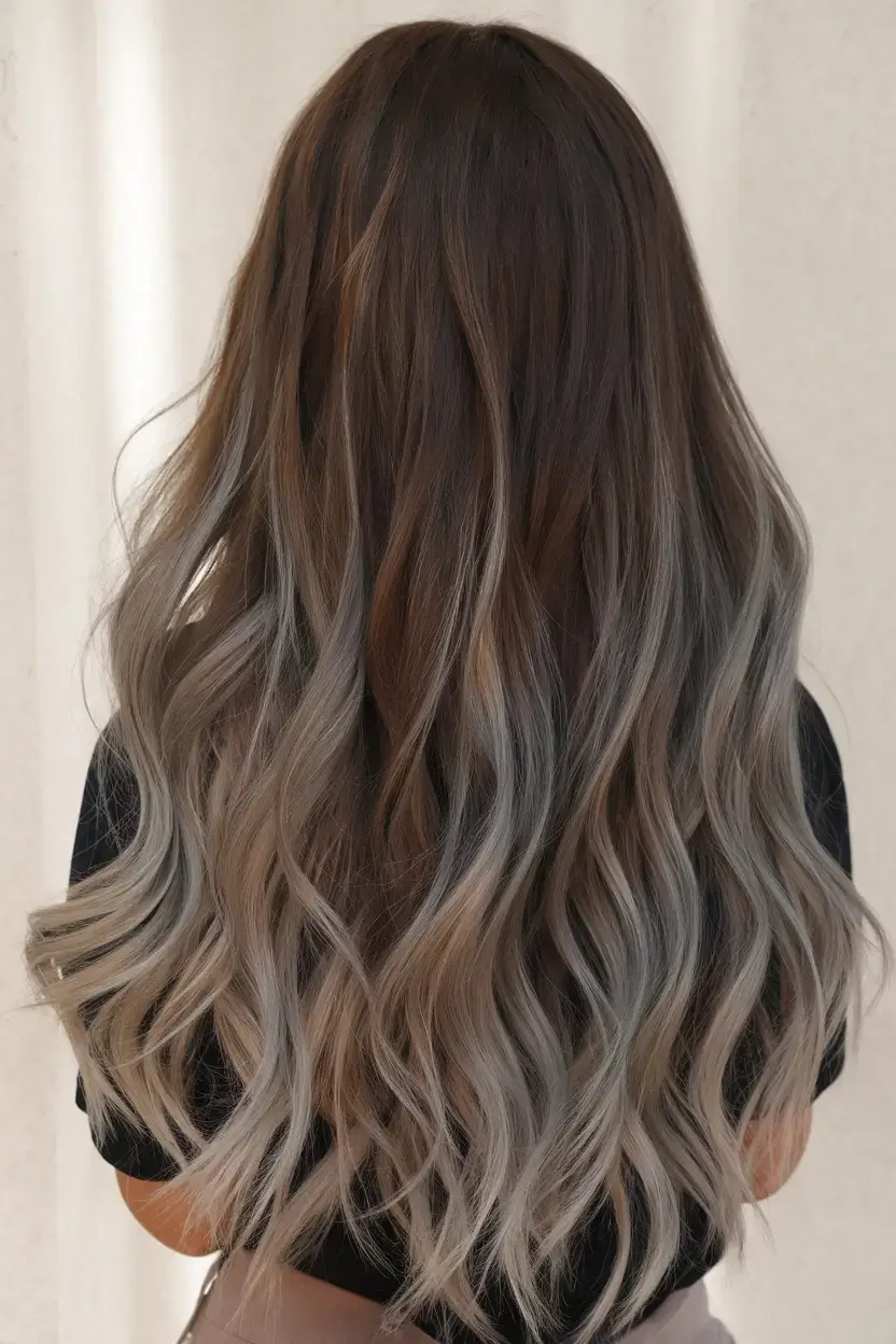 summer ombre hair color ideas 2025 Ash Smoke Ombre with Metallic Undertones