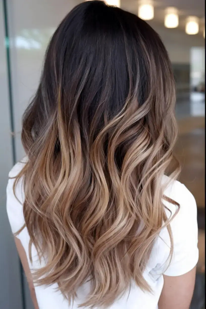 summer ombre hair color ideas 2025 Long Espresso-to-Caramel Ribbons