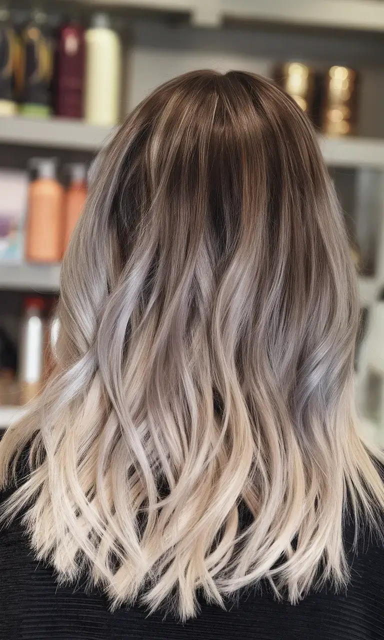 summer ombre hair color ideas 2025 Platinum Fade with Mushroom Ash Roots