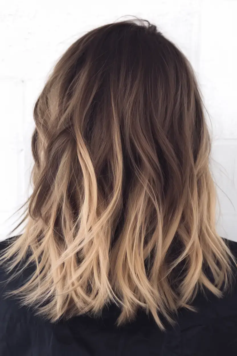 summer ombre hair color ideas 2025 Mid-Length Chestnut Roots with Champagne Ombre Ends