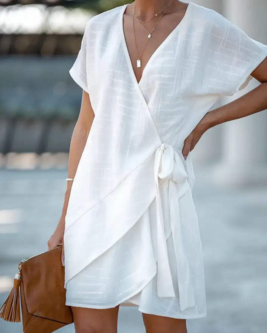 summer outfit 2025 for everyday casual dresses White Wrap Dress with a Breezy Side Tie
