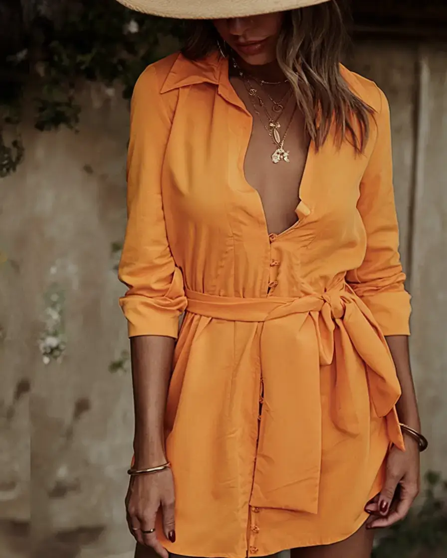 summer outfit 2025 for everyday casual dresses Sun-Kissed Orange Shirt Dress
