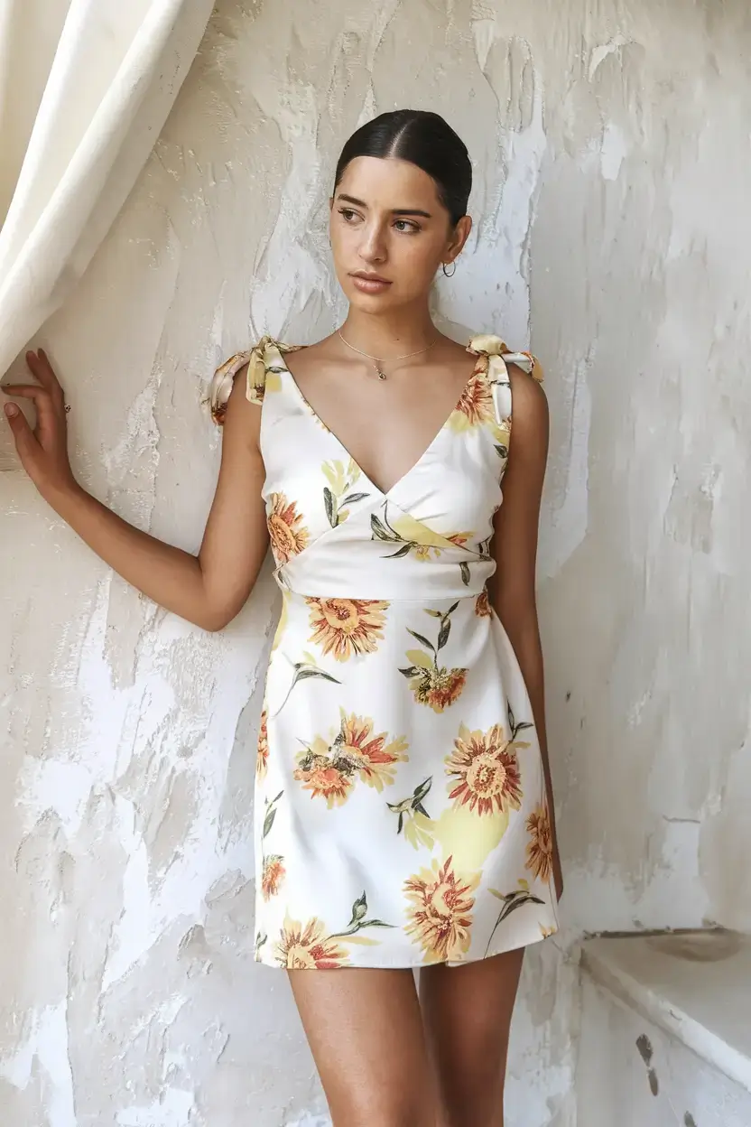 summer outfit 2025 for everyday casual dresses Sunflower V-Neck with Shoulder Bows