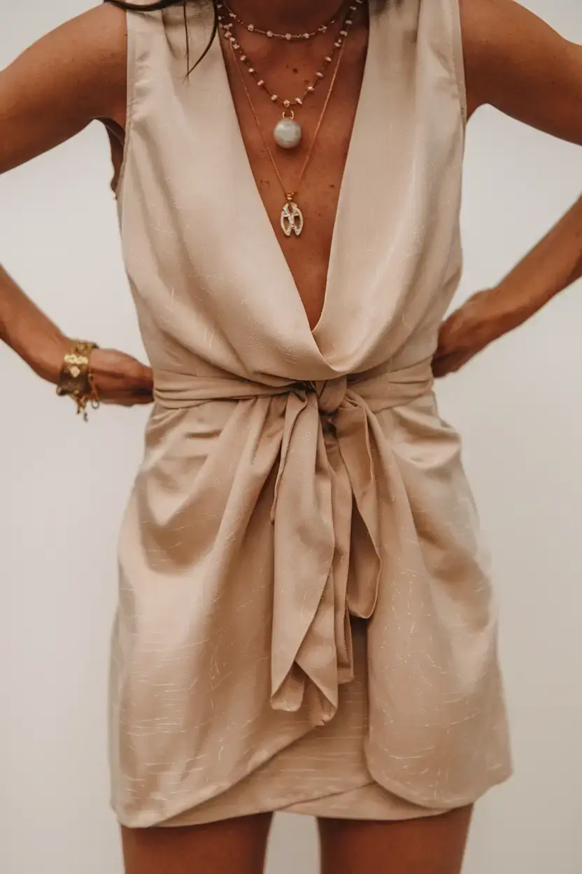 summer outfit 2025 for everyday casual dresses Champagne Draped and Tied Mini