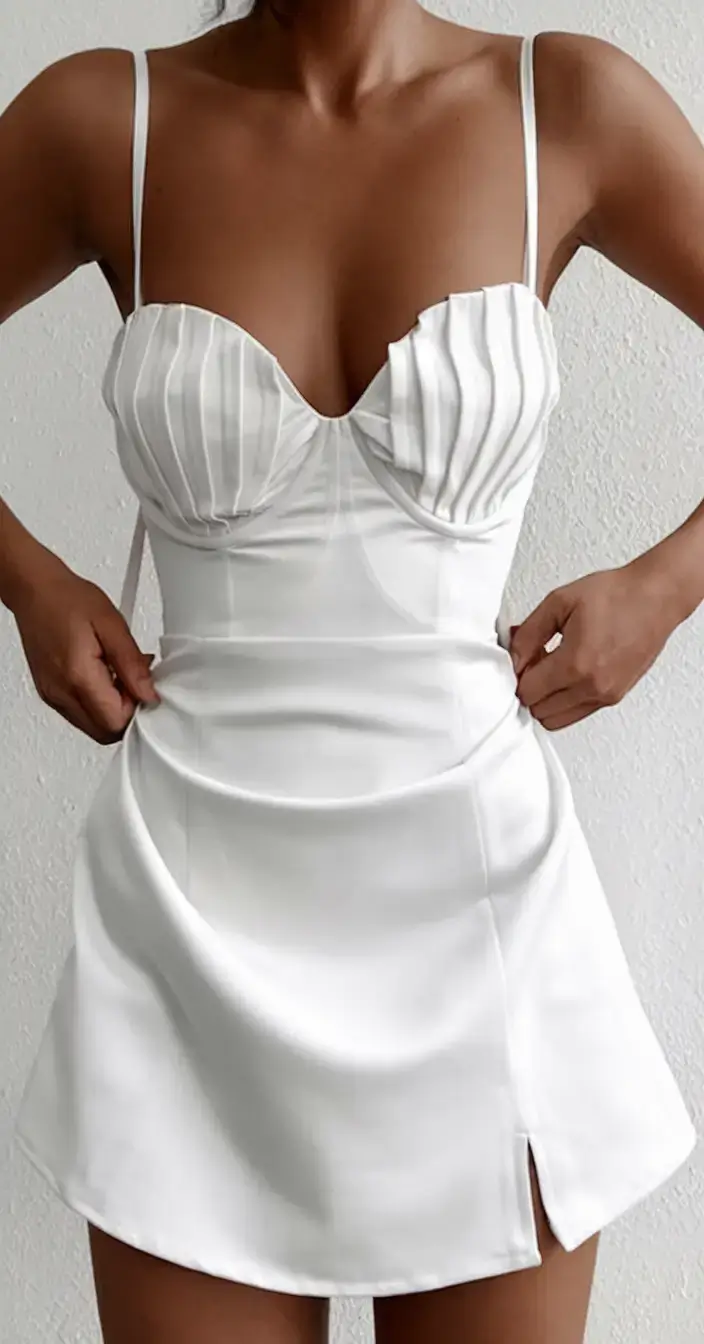 summer outfit 2025 for everyday casual dresses Pin-Tucked White Satin Bustier Dress