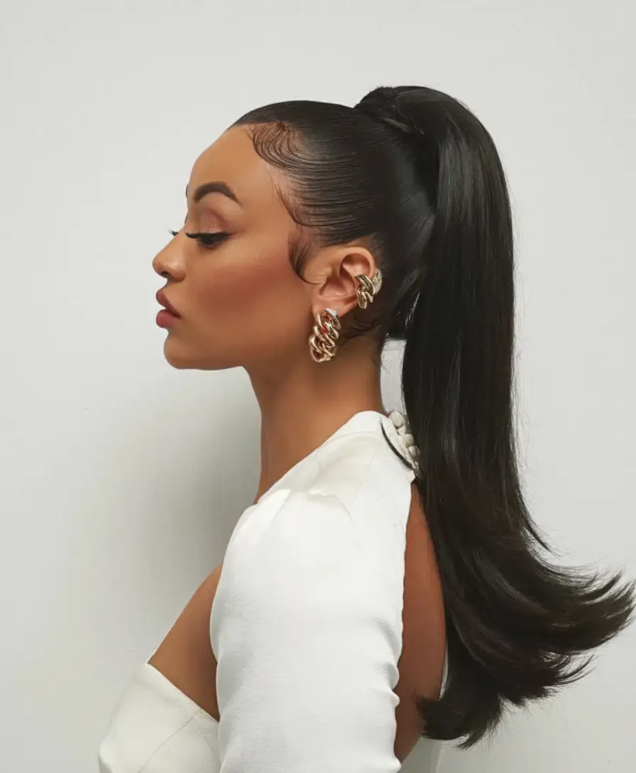 summer ponytail hairstyles 2025 Deep Gloss with Baby Hair Art