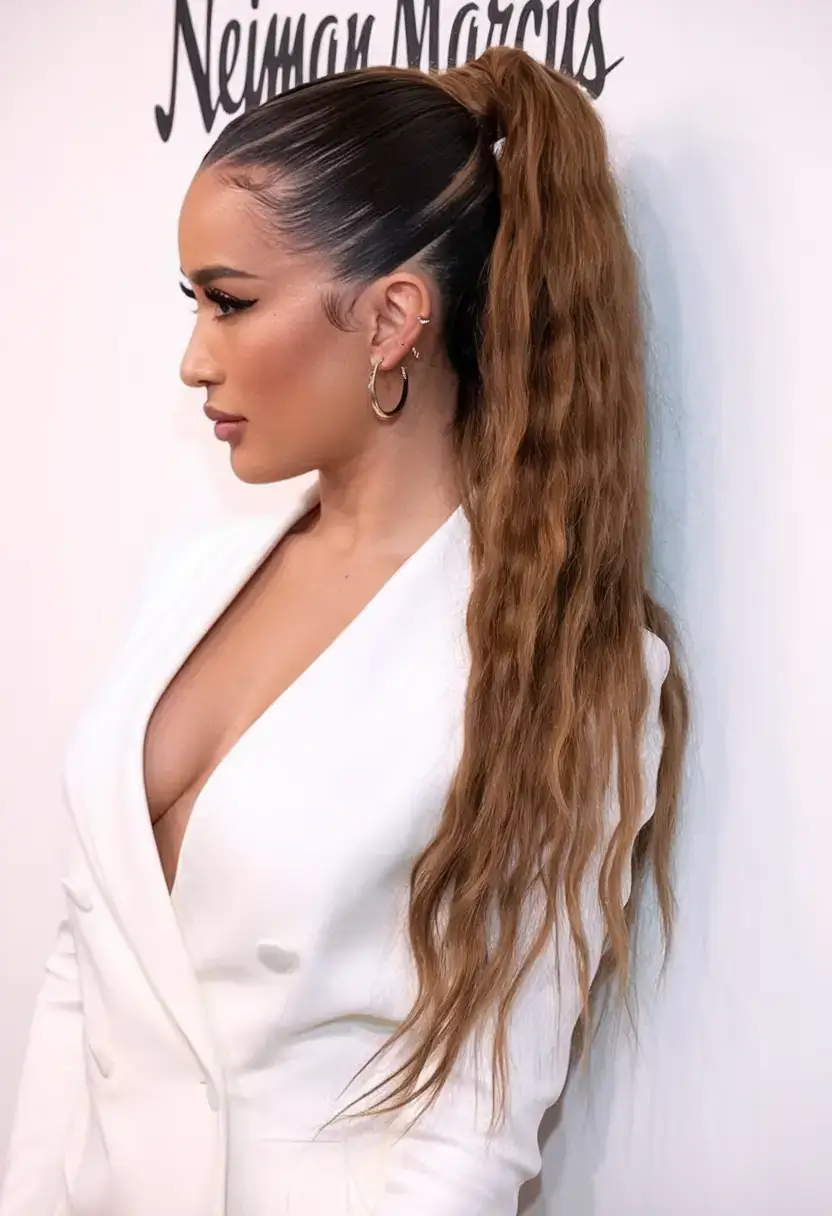 summer ponytail hairstyles 2025 Glossy Waves Meets Business Chic
