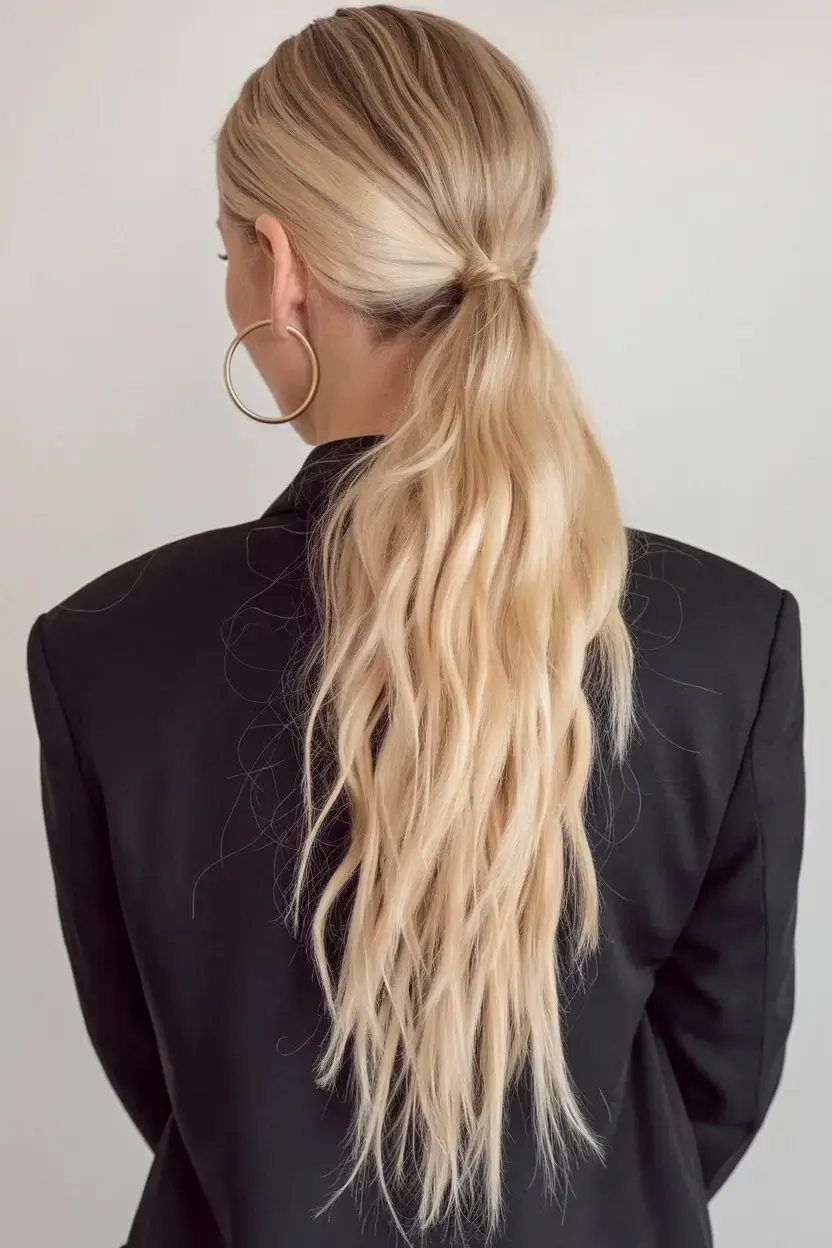summer ponytail hairstyles 2025 Undone Wavy Ponytail with a Twist Wrap