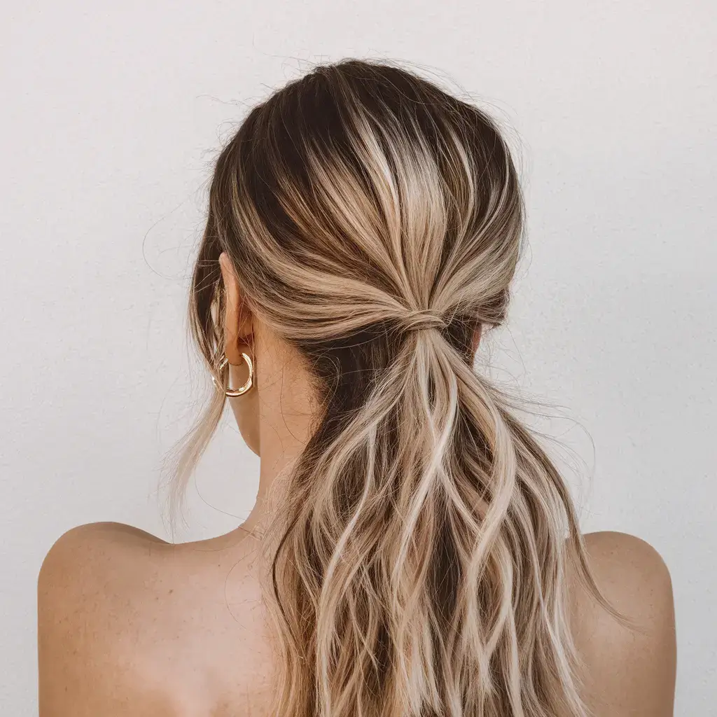 summer ponytail hairstyles 2025 Textured Honey Balayage Pony