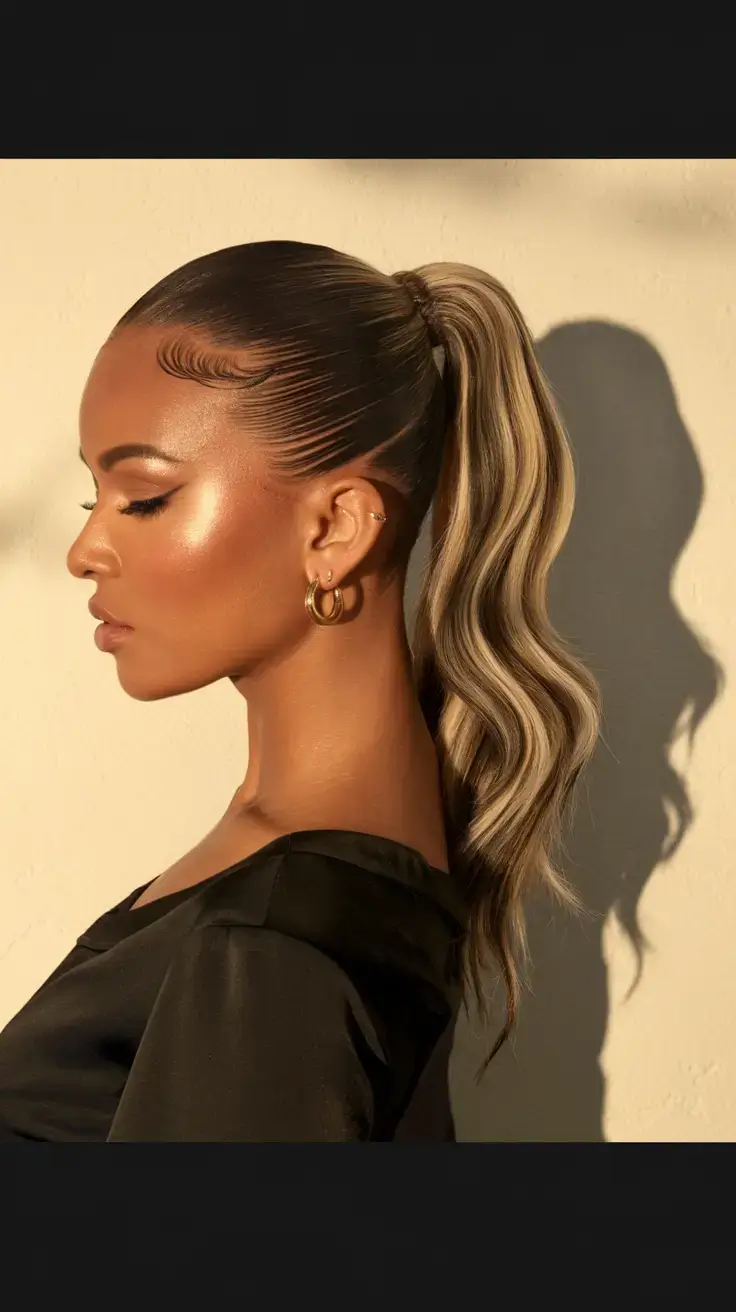 summer ponytail hairstyles 2025 High Contrast with a Hollywood Wave
