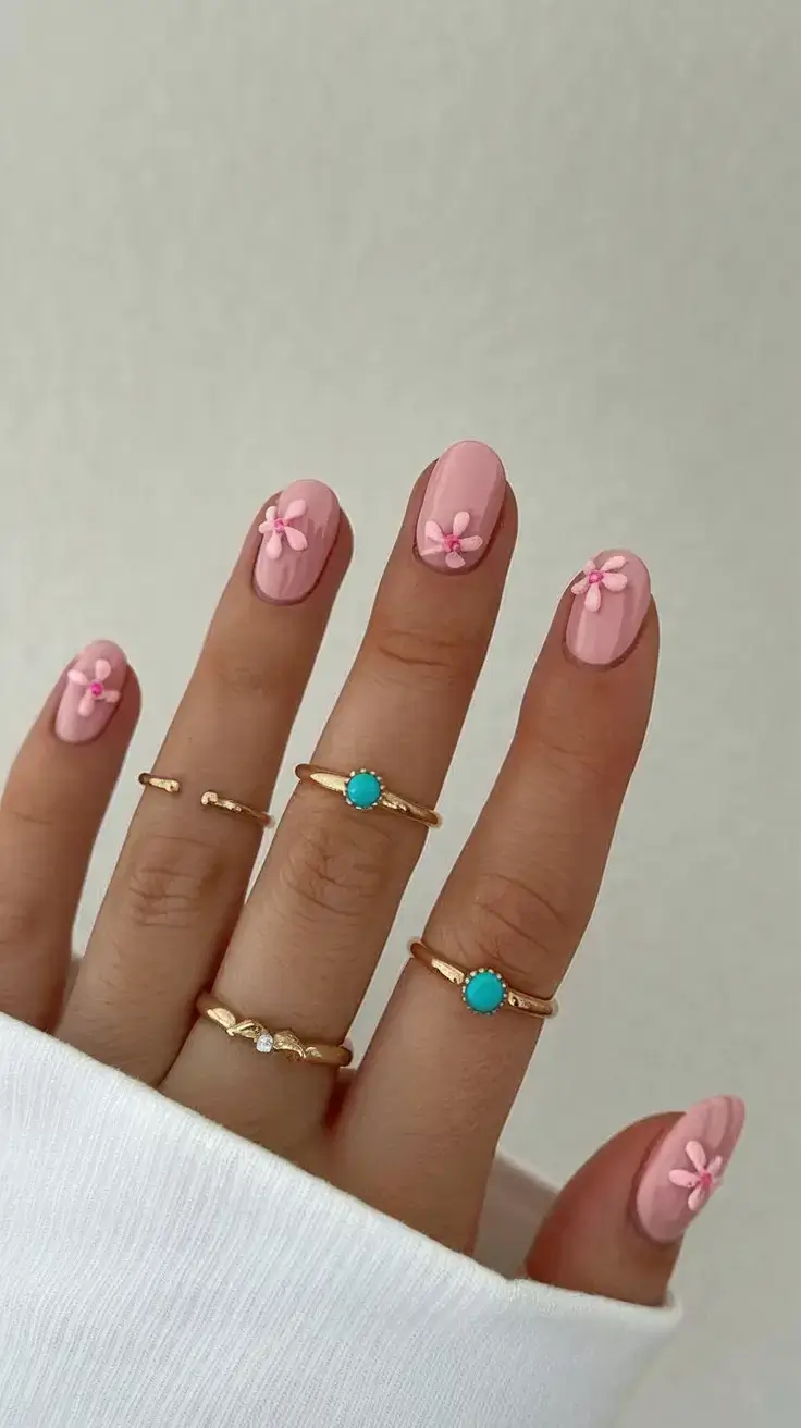 summer short nail ideas 2025 Pink Bubble Flowers with 3D Petals
