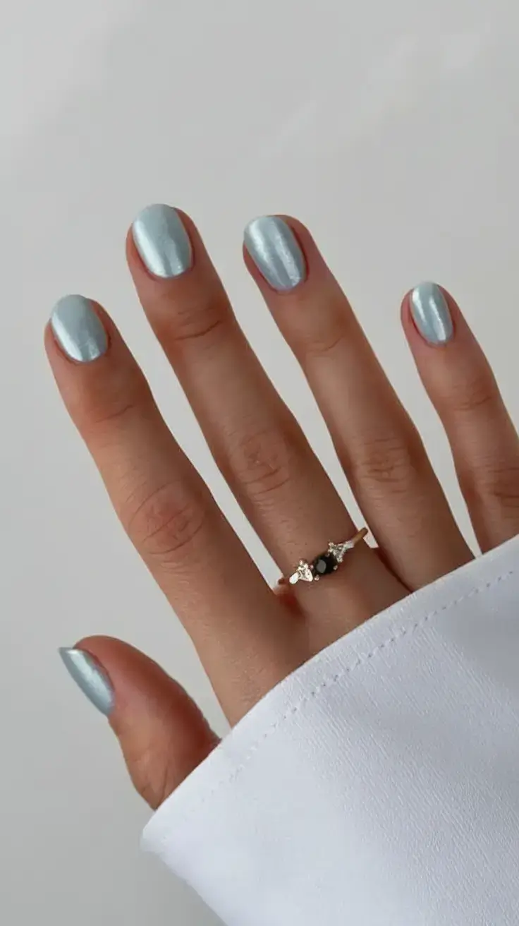 summer short nail ideas 2025 Chrome Powder Baby Blue