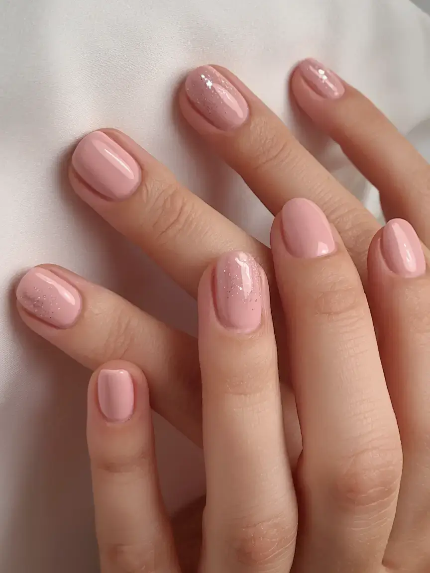 summer short nail ideas 2025 Blush Gloss with Glitter Accent