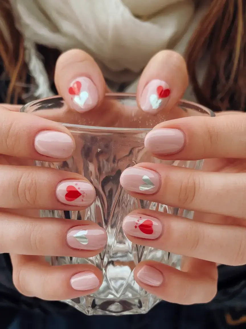 summer short nail ideas 2025 Layered Hearts with Glossy Nude Base