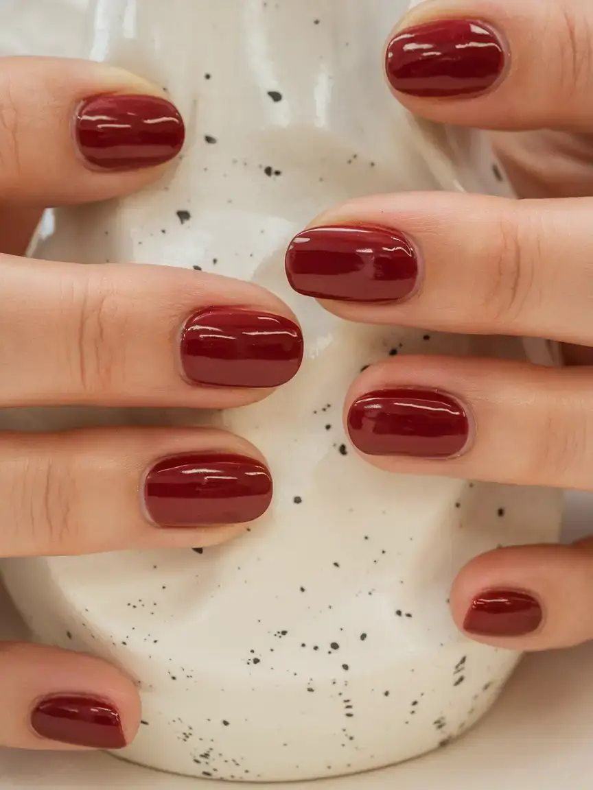 summer short nail ideas 2025 Glossy Bordeaux Rounds