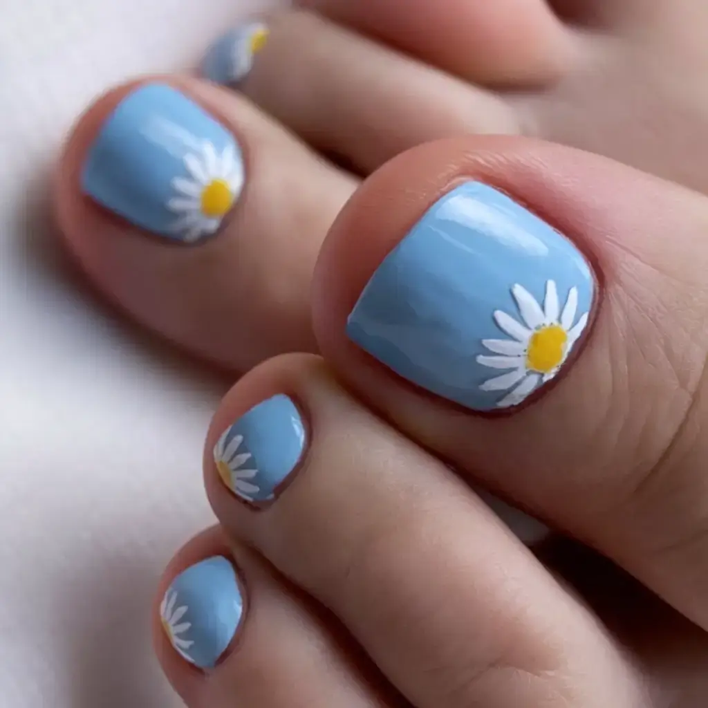 summer toe nails ideas 2025+Sky Blue with Side Daisy Accents