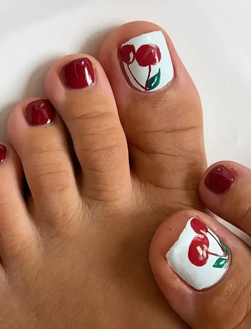 summer toe nails ideas 2025 Cherry Crush on Crisp White