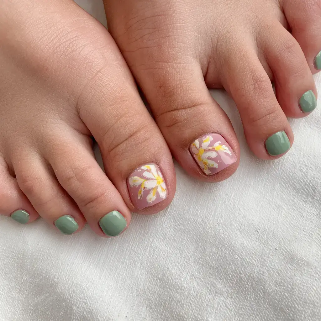 summer toe nails ideas 2025 Olive Cream and Daisies