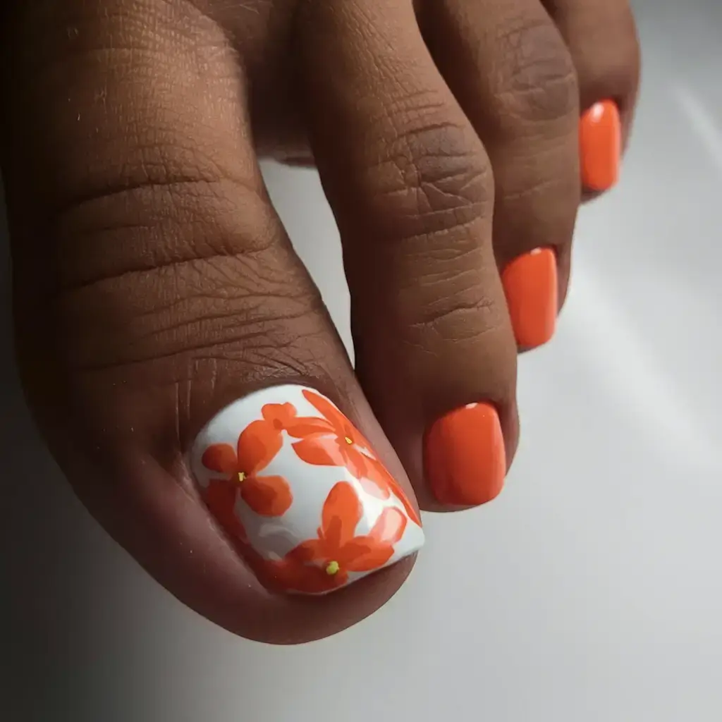 summer toe nails ideas 2025+Bold Tangerine with Tropical Floral Art