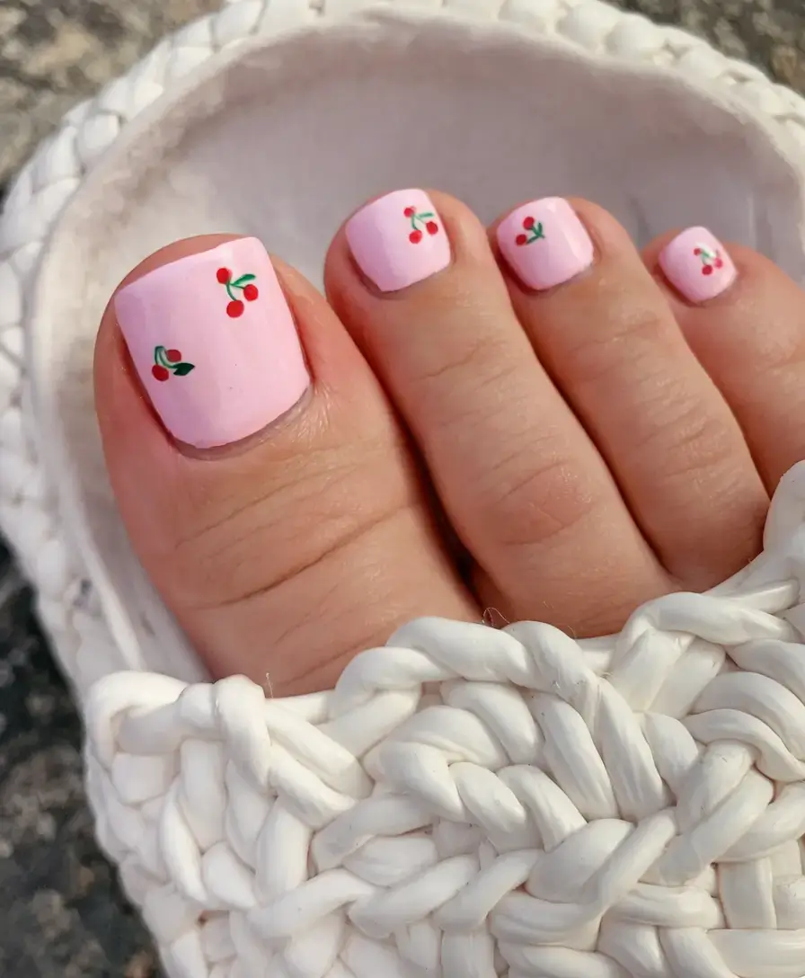 summer toe nails ideas 2025+Cherry Charm on a Cotton Candy Base