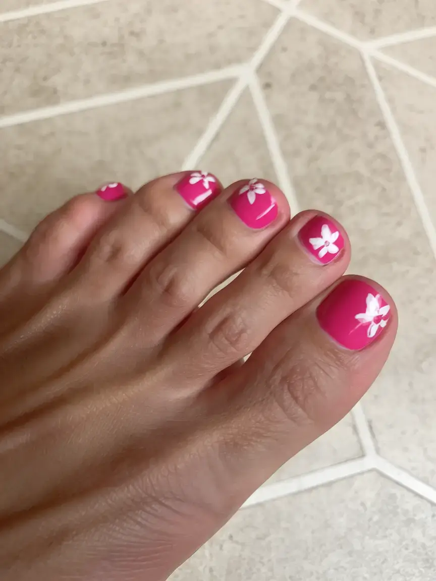 summer toe nails ideas 2025+Hot Pink with White Petal Details