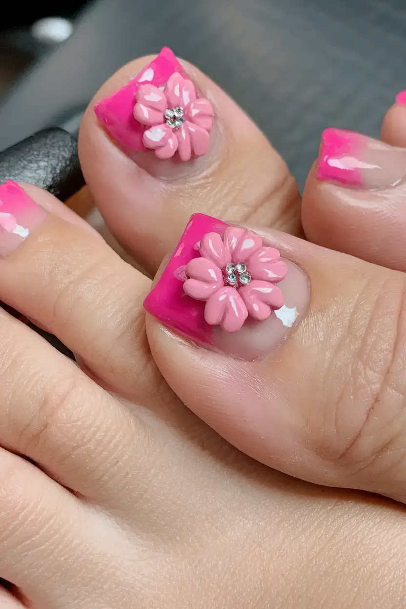 summer toe nails ideas 2025+3D Glossy Petals with Crystal Centers