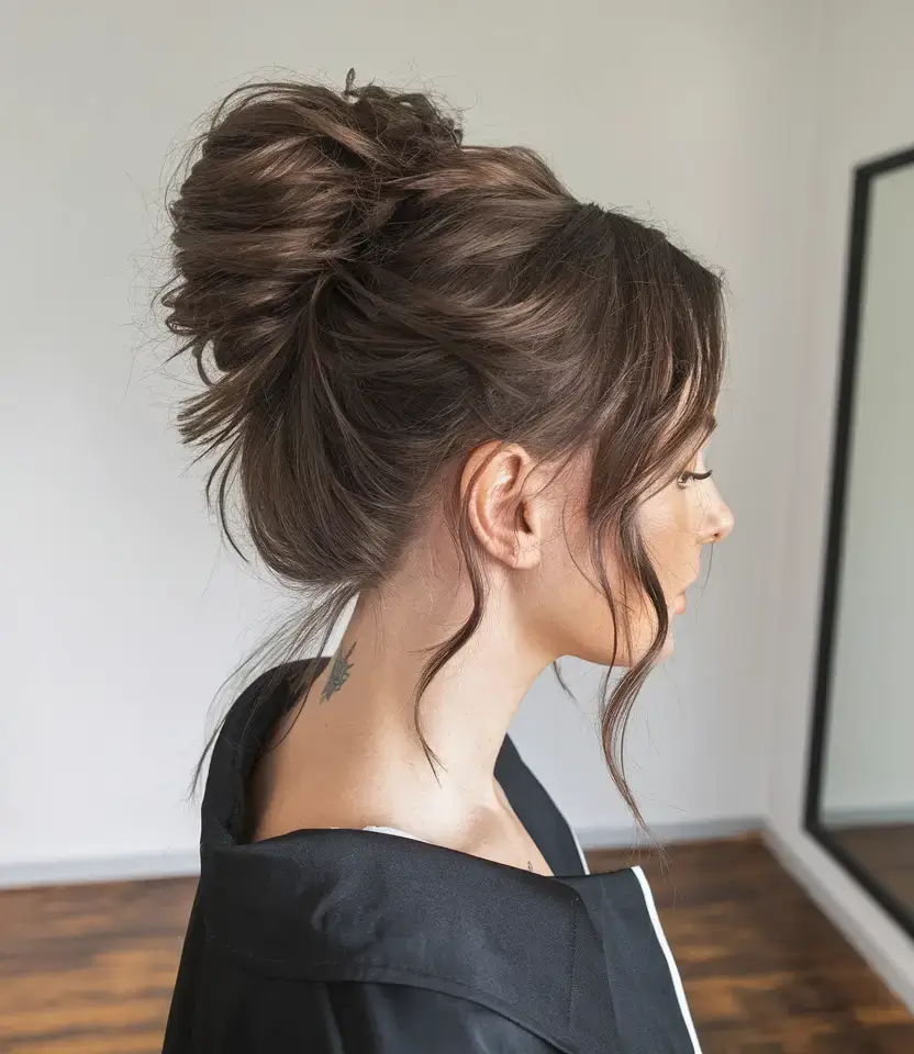 summer updo hairstyles 2025 Textured Volume Bun with Curtain Bangs
