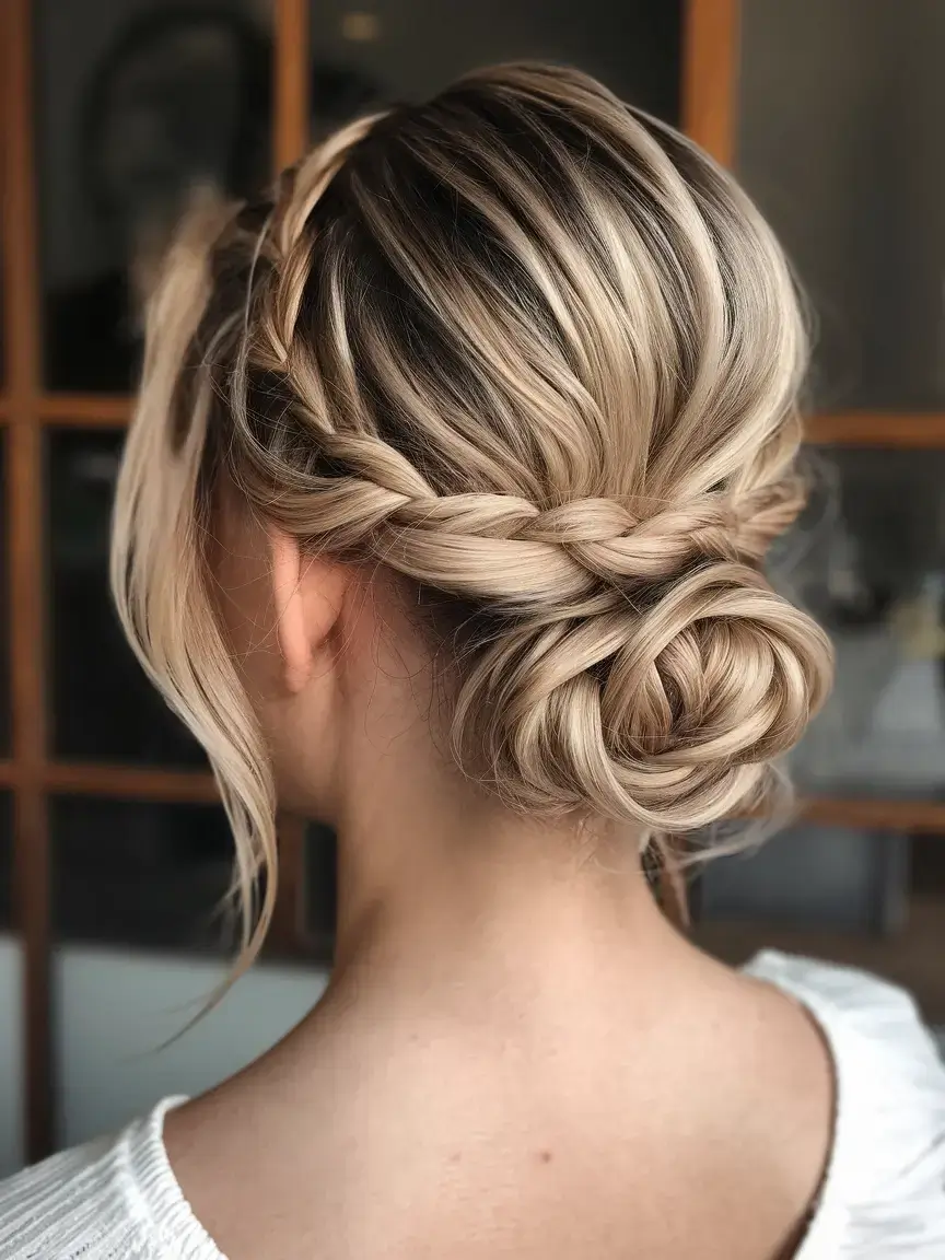 summer updo hairstyles 2025 Side Braid into Low Wrap Bun