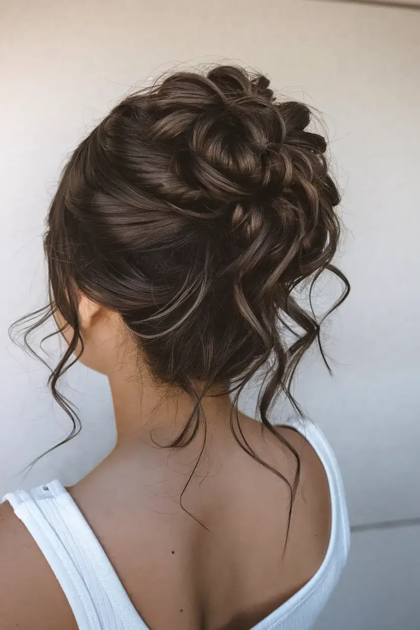 summer updo hairstyles 2025 Coiled Crown Bun with Tousled Curls