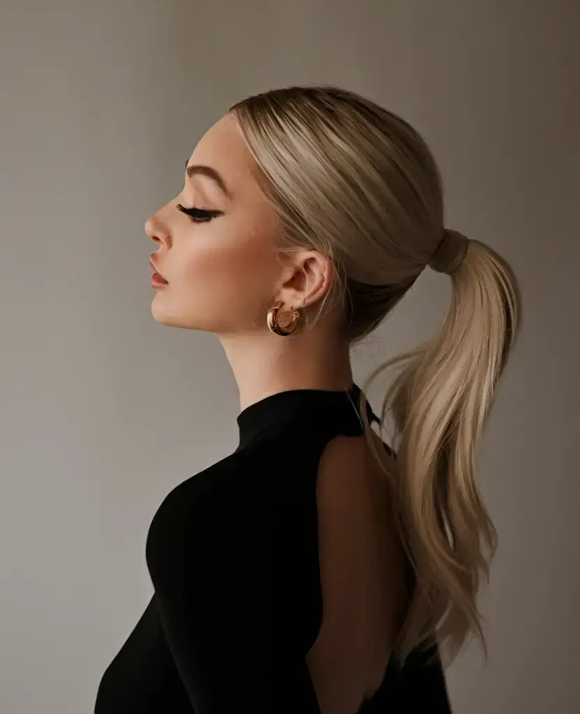 summer updo hairstyles 2025 Sleek Mid-Height Pony with Blonde Glam