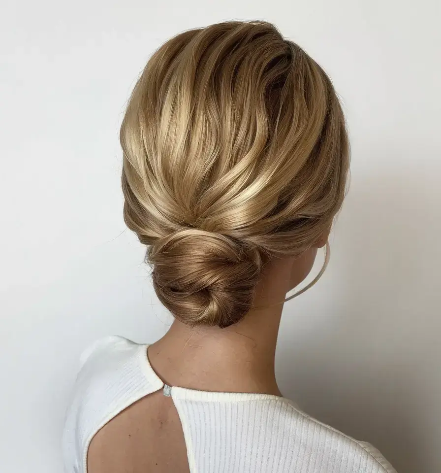 summer updo hairstyles 2025 Low Chignon with Glossy Dimension