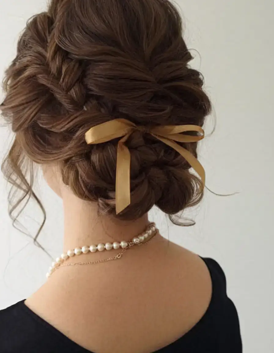 summer updo hairstyles 2025 Braided Crown with Ribbon Charm