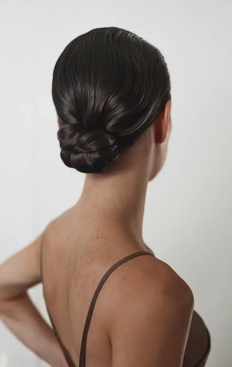 summer updo hairstyles 2025 Sleek Knot with Wet-Finish Drama